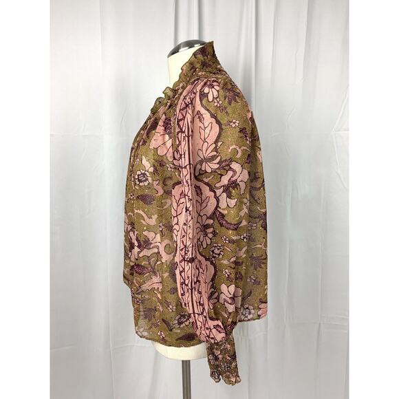 o.p.t One Pretty Time Smocked Tie Peasant Blouse Floral Metallic Threads size XS - Picture 4 of 15